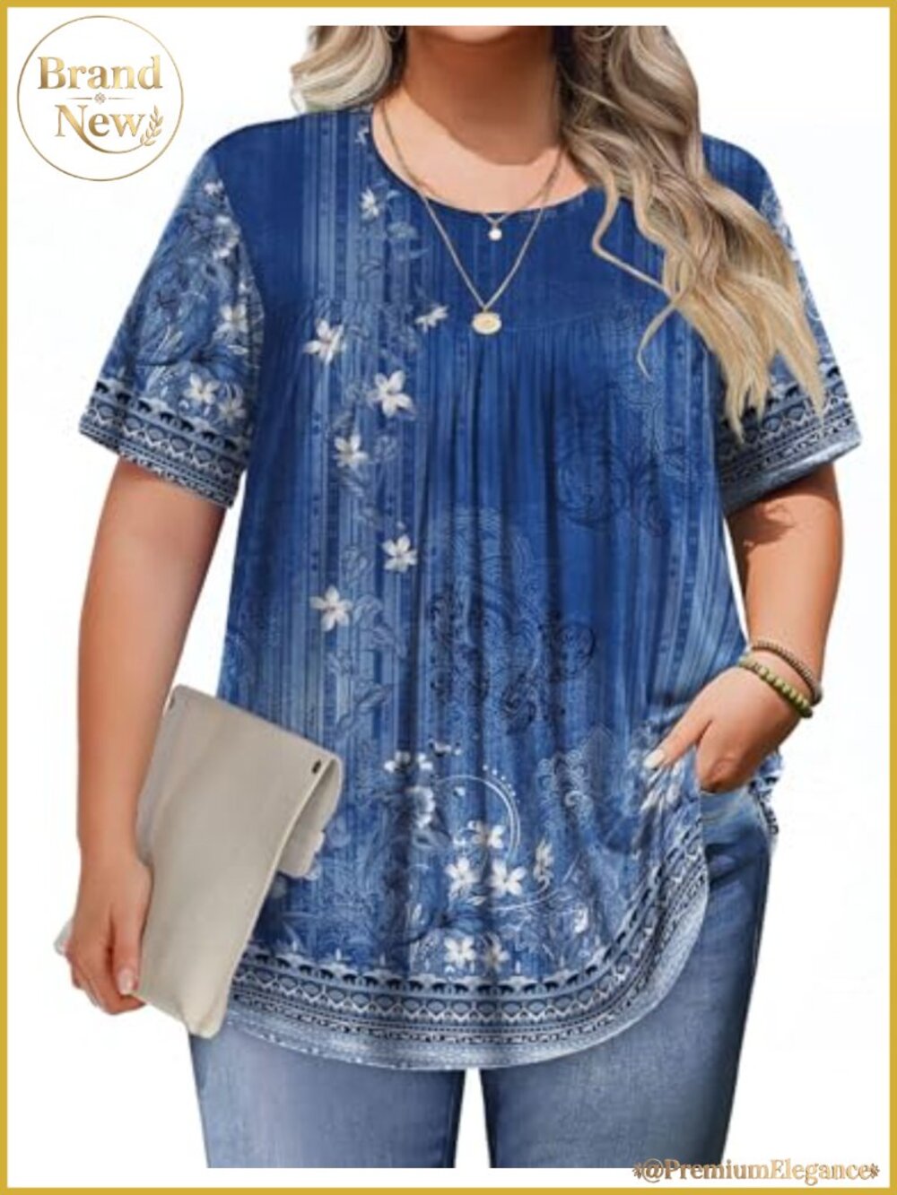 Plus Size Short Sleeve Tunic Top Crew Neck Floral Blouse 95% Polyester 5%